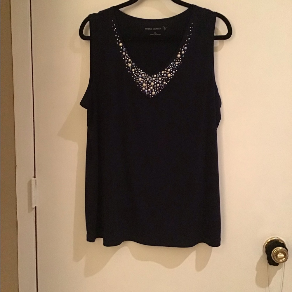 Susan graver liquid knit sleeveless top with beautiful neck embellishments